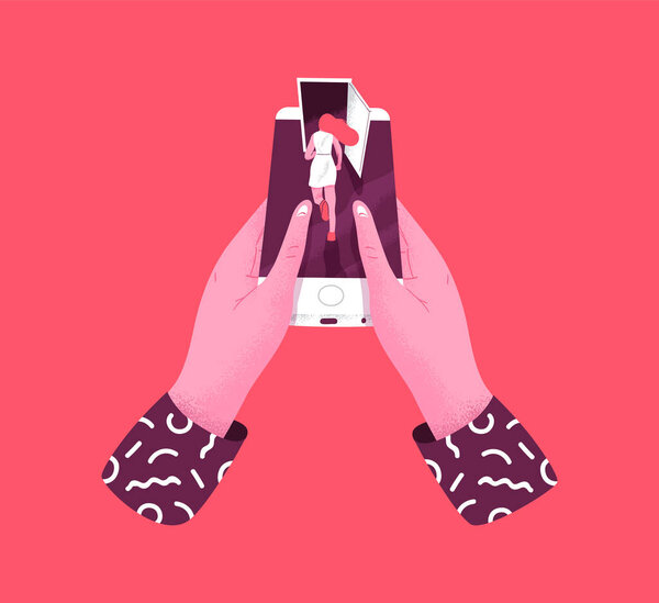 Hands holding smartphone with woman running away on screen. Online dating rejection, ghosting concept. Girl leaving relationship via text message or mobile phone break up. — Stock Illustration Hands Holding Smartphone Woman Running Away Screen Online Dating Rejection — Stock Vector