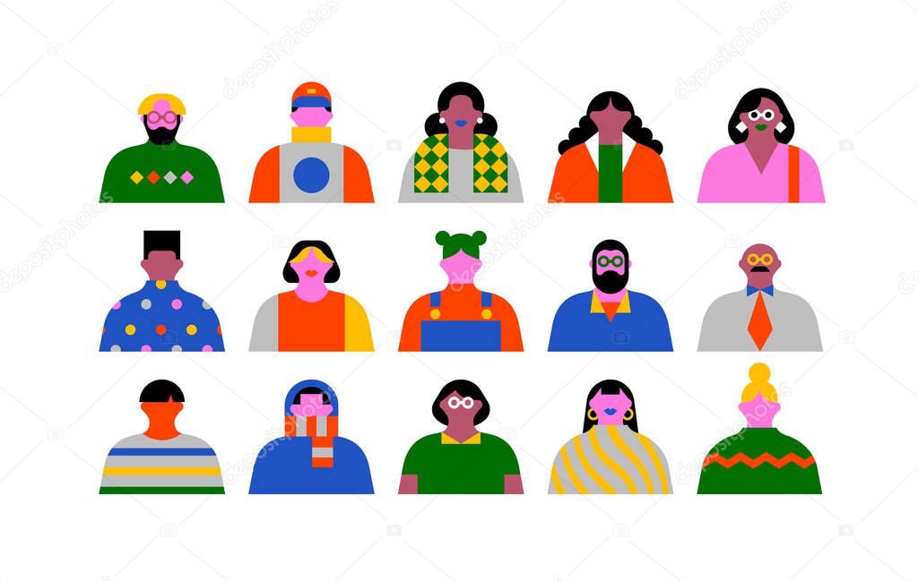 Big set of diverse people character portrait in colorful 90s style. Flat cartoon avatar in trendy fashion, business person or young student crowd of men and women.