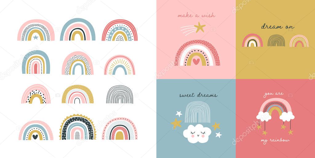 Cute pastel rainbow element set. Big bundle of kid illustration in pastel color with premade greeting cards. Sweet childish cartoon designs. Love messages for birthday gift, baby shower.