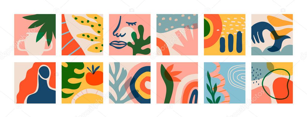 Big set of matisse art greeting cards on isolated background. Natural summer plants and organic shapes collection of woman face, jungle leaf, geometric shape. Abstract summer decoration bundle.