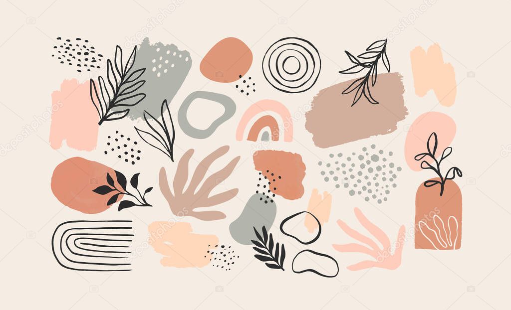 Minimalist abstract nature art shapes collection. Pastel color doodle bundle for fashion design, summer season or natural concept. Modern hand drawn plant leaf and tropical shape decoration set.