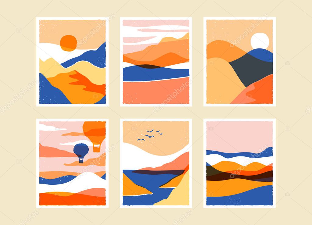 Trendy mountain landscape illustration set on isolated background. Abstract nature environment with sunset, sand dunes, beach coast. Summer vacation concept. Postcards from around the world.