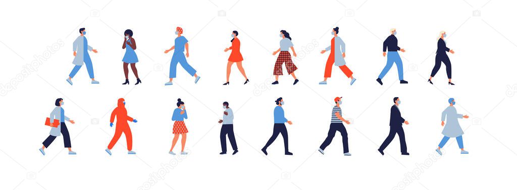 Diverse people set wearing face mask on isolated white background. Doctor, nurses, men and women group from different ethnicity using coronavirus protection clothing for disease prevention concept.