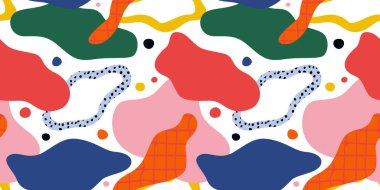 Soyut serbest el dikişsiz desen çizimi. Renkli karalamalar ve 90 'ların sanat tarzı şekilleriyle çağdaş grafik baskı arkaplanı.