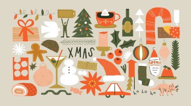 İzole edilmiş arka planda noel karalamaları ve soyut xmas simgeleri. Tuhaf el çizimi tatil koleksiyonu, komik karikatür tarzı retro şekiller. İçinde Noel Baba, çam ağacı ve süs var..