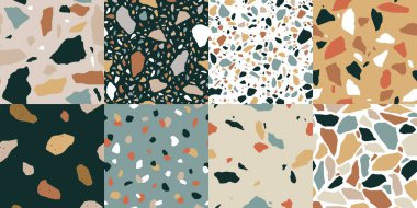 Soyut mozaik kaya şekilli çeşitli mermer taş şekilli Terrazzo pürüzsüz desen koleksiyonu. Modern terrazo minimalist sanat arka planı baskı, moda veya moda tasarım projesi için ideal.