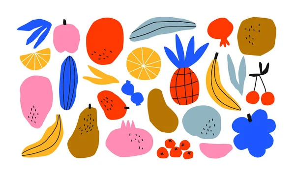 Funny hand drawn fruit food set. Colorful freehand fruits collection. Illustration of pineapple, banana, grape and more tropical summer foods on isolated background.