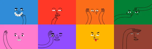 Diverses Personnes Font Face Faire Geste Main Drôle Émotion Set — Image vectorielle