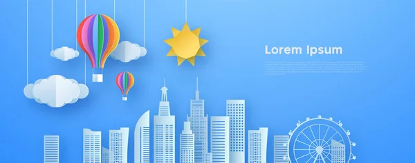 Kağıt kesimi şehir manzarası modern mimari gökdelen, sıcak hava balonu ve şehir binaları ile şablonu. Şehir merkezinin güneşli bir manzarası. Üç boyutlu kağıt kesimi sanat tarzı..