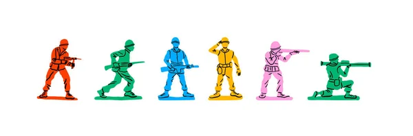 彩色复古玩具士兵集合在孤立的白色背景 老旧的90年代风格手绘卡通人物儿童游戏或军事战斗概念 — 图库矢量图片