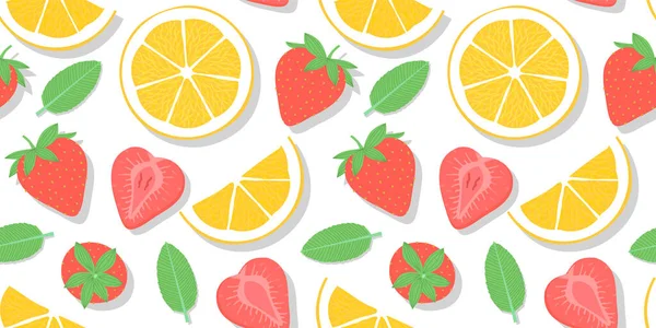 柠檬和草莓水果无缝图案插图薄荷叶 喝鸡尾酒或茶水配料卡通片背景 新鲜有机水果平铺背景 — 图库矢量图片