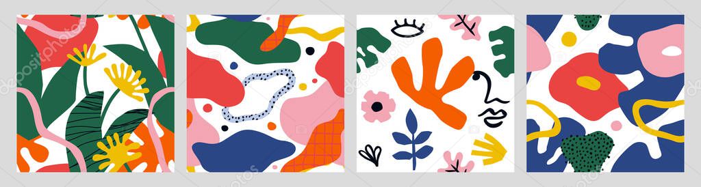 Abstract free hand matisse art style seamless pattern collection. Contemporary graphic print background set with nature doodles and organic collage shapes decoration.