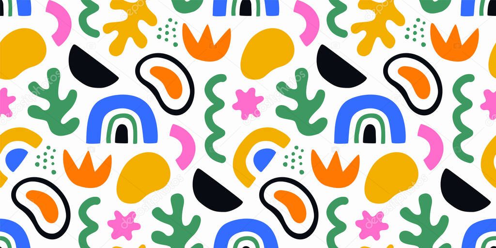 Abstract matisse inspired seamless pattern with colorful freehand doodles. Organic flat cartoon background, simple random shapes in bright childish colors. 