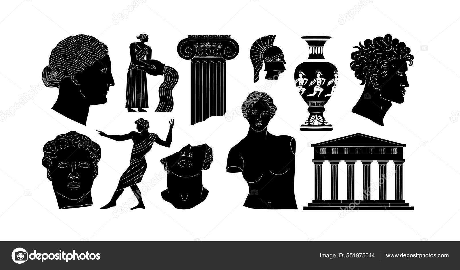 Set Ancient Greek Statue Classic Vintage Monument Shapes Black White