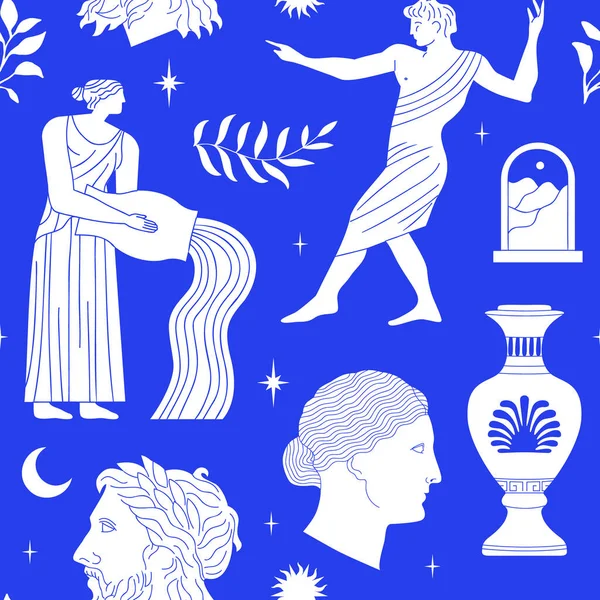 Ancient Greek Statue Classic Vintage Monument Seamless Pattern Blue Greece — Stock Vector