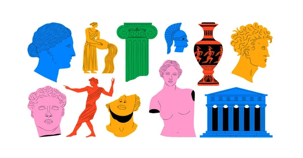 一套五彩缤纷的古希腊雕像和经典的古埃及纪念碑形状 希腊文化古老的插图收藏 历史平面卡通画包 — 图库矢量图片