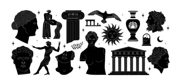 Set of ancient greek statue, classic vintage monument shapes in black and white. Greece culture antique illustration collection. Historical flat cartoon drawing bundle.