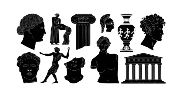 一套古希腊雕像 经典的古代纪念碑形状为黑白相间 希腊文化古老的插图收藏 历史平面卡通画包 — 图库矢量图片
