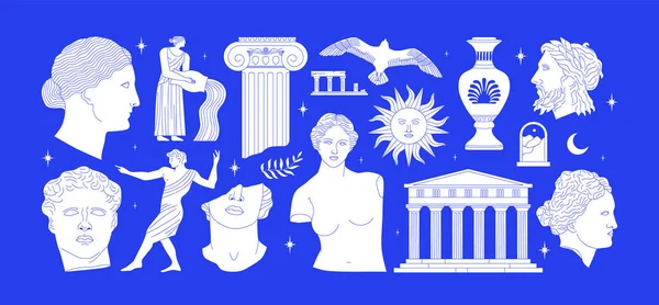 一套古希腊雕像和经典的蓝色古埃及纪念碑形状 希腊文化古老的插图收藏 历史平面卡通画包 — 图库矢量图片