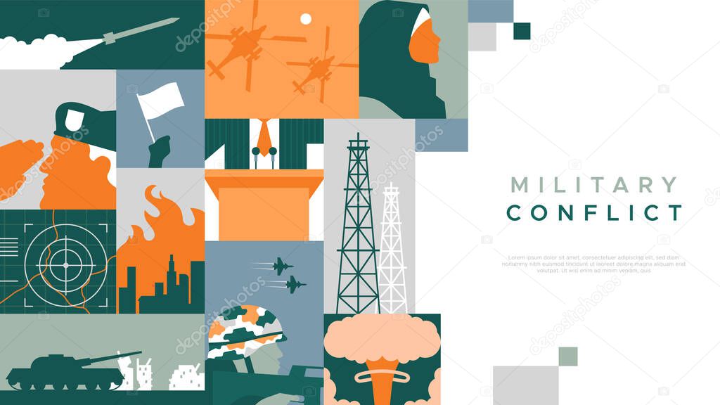 Military conflict flat cartoon mosaic web template illustration of army combat and international government crisis concepts. Includes middle east woman, attack helicopter, oil tower and missile bomb.