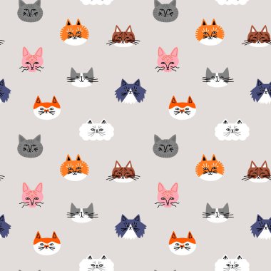 Düz çizim tarzında komik kedi hayvan çizgi filmi deseni. Şirin kedi yavrusu arka planı, çeşitli evcil kediler duvar kağıdı yetiştiriyor..