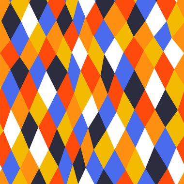 Renkli geometrik eşkenar dörtgen düz çizgi film şekilli dikişsiz desen. Çocuk konsepti veya parti arkaplanı tasarımı için el yapımı yorgan tarzı komik bir arka plan.