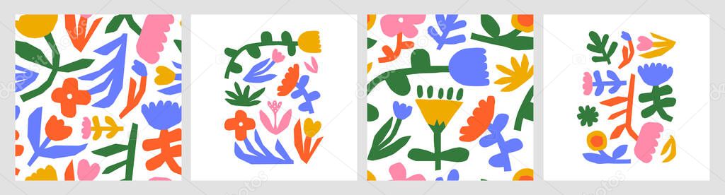 Colorful flower seamless pattern illustration and poster set. Children style floral doodle background collection, funny basic nature shapes wallpaper.