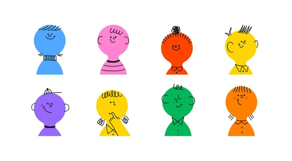 Set Van Schattige Gelukkige Kinderen Mensen Gezichten Grappige Kleurrijke Illustratie — Stockvector