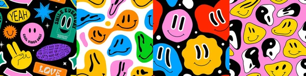 Funny Cara Feliz Sonriendo Dibujos Animados Colores Sin Costura Conjunto — Archivo Imágenes Vectoriales