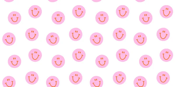 有趣的快乐脸五彩斑斓的粉色漫画无缝图案 复古快乐的微笑图标背景 — 图库矢量图片