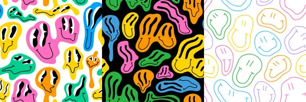 Komik, gülen, renkli çizgi film desensiz desen seti. Retro psikedelik eriyen gülümseme ikonu arka plan koleksiyonu. Trippy acid arkaplan, klasik halüsinasyon efekti doku demeti.