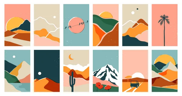 Big Set Abstract Mountain Landscape Banner Collection Trendy Flat Collage — Stock Vector