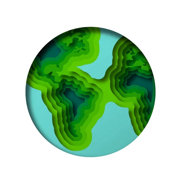 Colorful Paper Cut Earth Planet Map Isolated White Background Green — Stock Vector