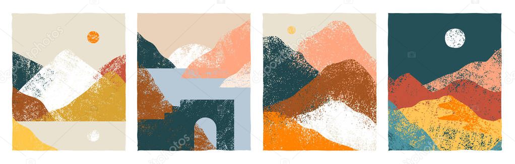 Set of abstract mountain landscape collection. Trendy hand drawn mural art backgrounds of diverse travel scenery painting. Nature environment, coast biome, multicolor hills, desert dunes.