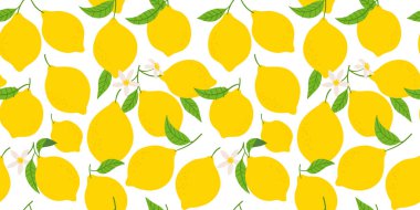 Modern düz çizgi film tarzında limonlu, dikişsiz desen çizimi. Çiçekli doğal ağaç dalı. Citrus gıda konsepti, organik sulu meyve arkaplanı.