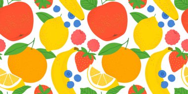 Yaz tropikal meyvesiz desen çizimi. Modern yassı karikatür organik meyve içeriği arka planı. Taze elma, portakal, muz, çilek ve daha fazlası.