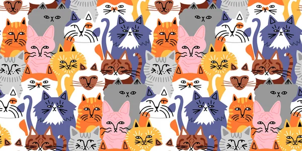 Lustige Katze Tier Crowd Cartoon Nahtlose Muster Flachen Illustrationsstil Nettes — Stockvektor