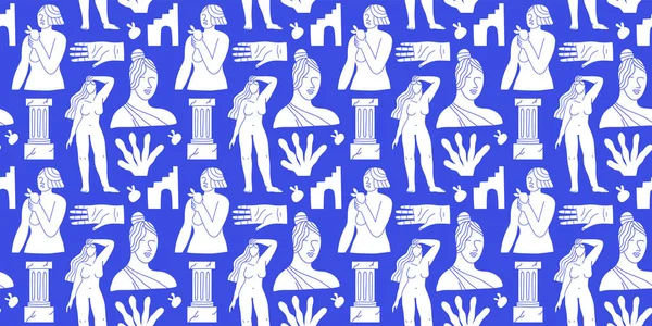 Azul Figura Corpo Mulher Decoração Monumento Grego Vintage Sem Costura — Vetor de Stock