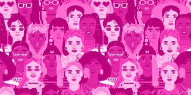 Karikatür karakteri çizen bir sürü farklı kadın figürü. Çok kültürlü tüm kızlar pembe renkli sadece kadınlar için etkinlik, kadınlar günü ya da göğüs kanseri destek tasarımı.