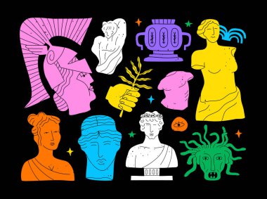 Renkli klasik Yunan dekorasyon çizgi film koleksiyonu. Bir dizi antik tarih heykeli, tanrı anıtı ve tarihi karalama çizimleri..