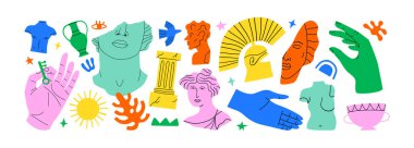 Colorful vintage greek decoration cartoon shape collection. Set of ancient history sculpture, god monument and historical doodle illustration.