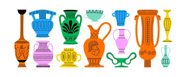 Coleção Desenhos Animados Decoração Vaso Grego Vintage Colorido Conjunto Jarra — Vetor de Stock