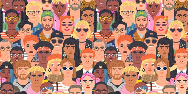 Multitud Personas Diversas Dibujos Animados Grupo Personajes Ilustración Patrón Sin — Vector de stock