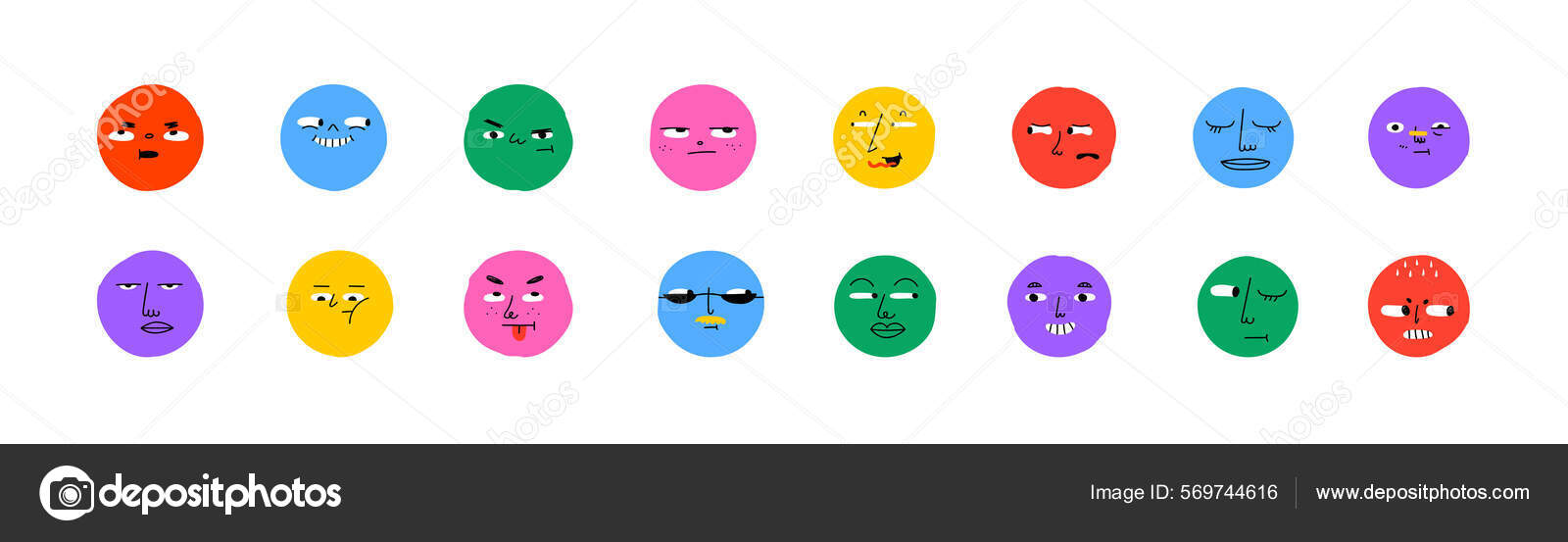 Colorful Cartoon Character Face Circle Illustration Set Funny People ...