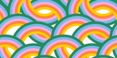  Pastel renkli çizgileri olan 60 'lı yılların stili gökkuşağı deseni. Renkli dalga çizgi film arkaplanı.