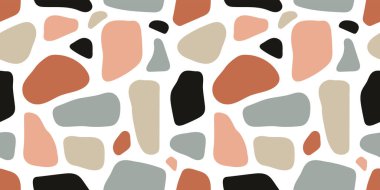 Soyut organik düz terrazzo, pürüzsüz desen şekillendirir. Rengarenk taş şekilli arka plan tasarımı. Terrazo kaya dekorasyon duvar kağıdı, sanatsal minimalist tasarım.