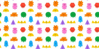 Değişik renkli geometrik şekilli çizgi film karakteri kusursuz desen çizimi. Basit geometri şekilleri komik çocukların karalama tarzında. Arkadaş canlısı toplum veya çocuk eğitim geçmişi kavramı.