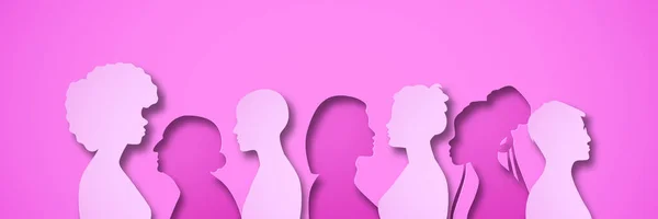 Pembe kadın insanlar, resimlerini katmanlı üç boyutlu kağıt kesim tarzıyla gruplandırırlar. Kadın sorunları ya da göğüs kanseri farkındalığı konsepti için kadın takımı. Çeşitli kızların siluetinin kağıt kesimi bir arada duruyor..