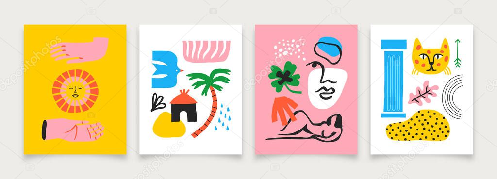 Set of trendy abstract art poster composition with colorful flat cartoon summer shapes and collage decoration. Doodle drawing arrangement collection. Organic shape bundle.