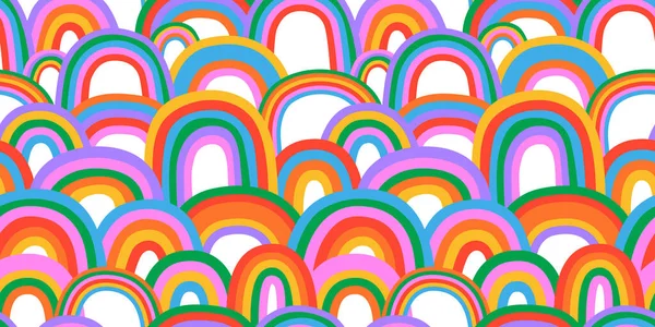 五彩缤纷的彩虹涂鸦无缝图案图解 彩色彩虹卡通画 手绘风格滑稽 男女同性恋 双性恋和变性者问题或多样性背景概念 — 图库矢量图片